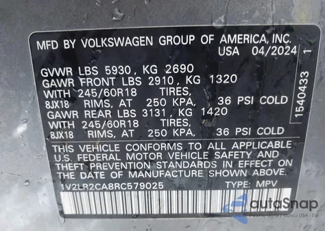 2024 Volkswagen Atlas 2.0T Se from USA, damaged, VIN 1V2LR2CA8RC579025